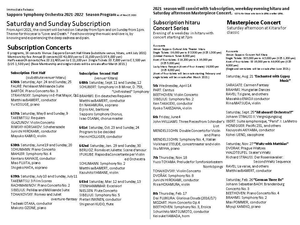 2021-2022シーズン『札幌交響楽団主催演奏会』ラインナップ発表（4/5更新）